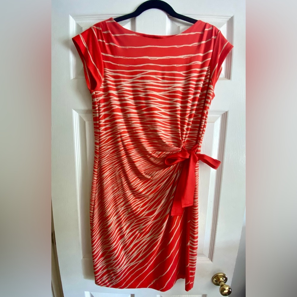 Coldwater Creek Midi Dress Womens 12 Orange Cream Cap Sleeve with a Tie Waist